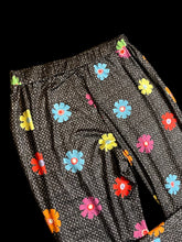 Load image into Gallery viewer, XL Black &amp; multicolor flare leg pants w/ floral pattern, &amp; elastic waist
