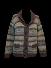 Load image into Gallery viewer, 2X Multicolor earth tone button-up cardigan w/ brown ribbed hems, &amp; pockets
