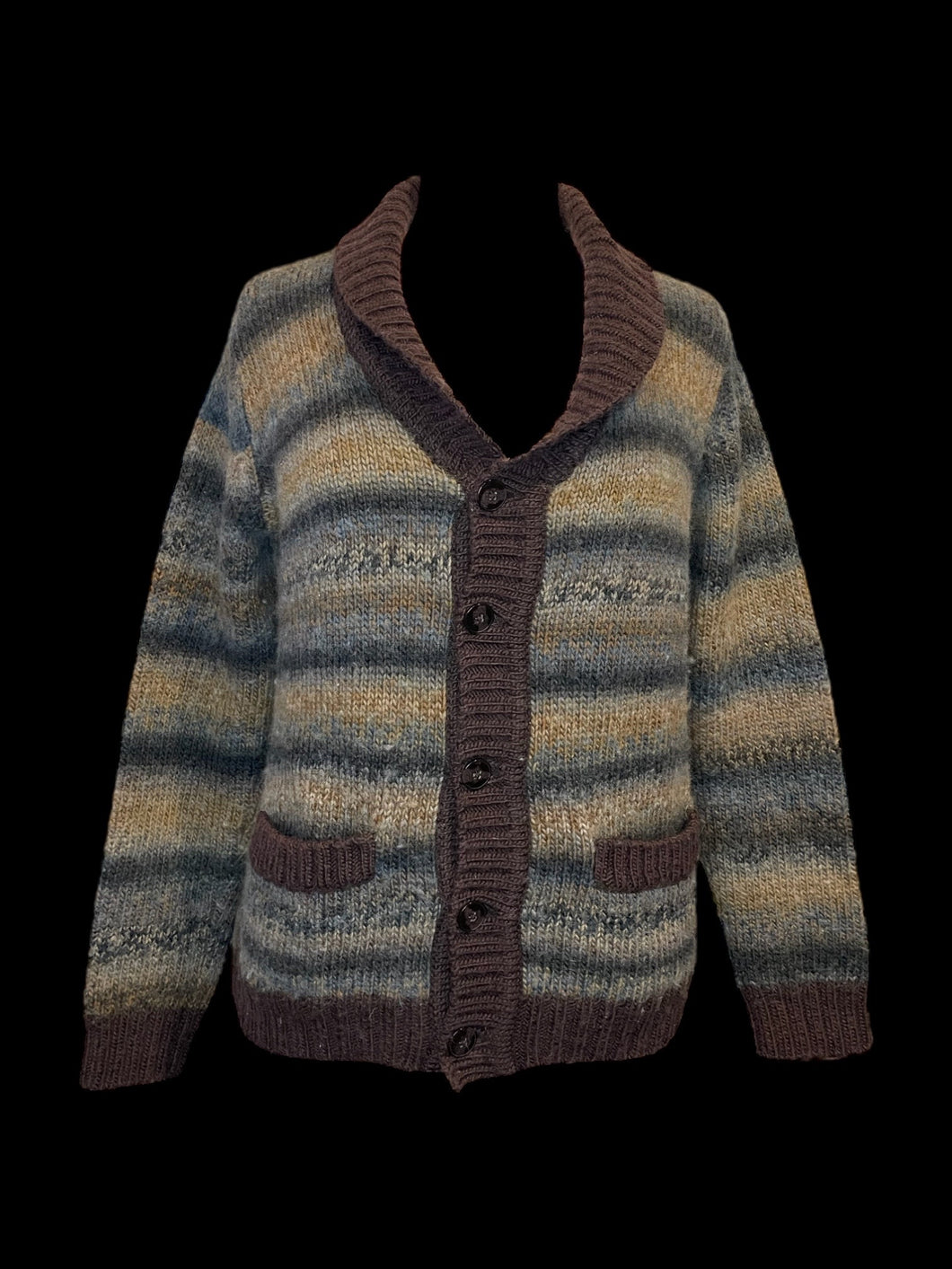 2X Multicolor earth tone button-up cardigan w/ brown ribbed hems, & pockets