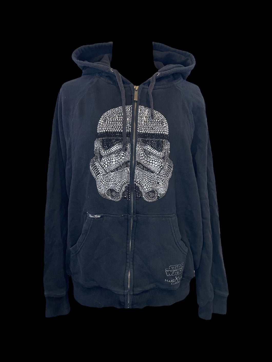1X Black cotton & metallic silver rhinestone Storm Trooper long sleeve zip up sweatshirt w/ drawstring hood, & pockets