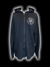 Load image into Gallery viewer, 2X Black &amp; grey long sleeve zip up hoodie w/ “You Keep Praying I’ll Keep Evolving” text, &amp; Blackcraft Cult logo

