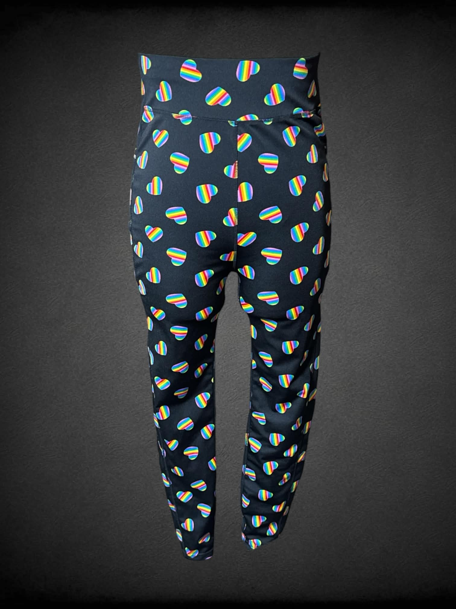 0X Pop Fit black leggings with rainbow hearts, and pockets
