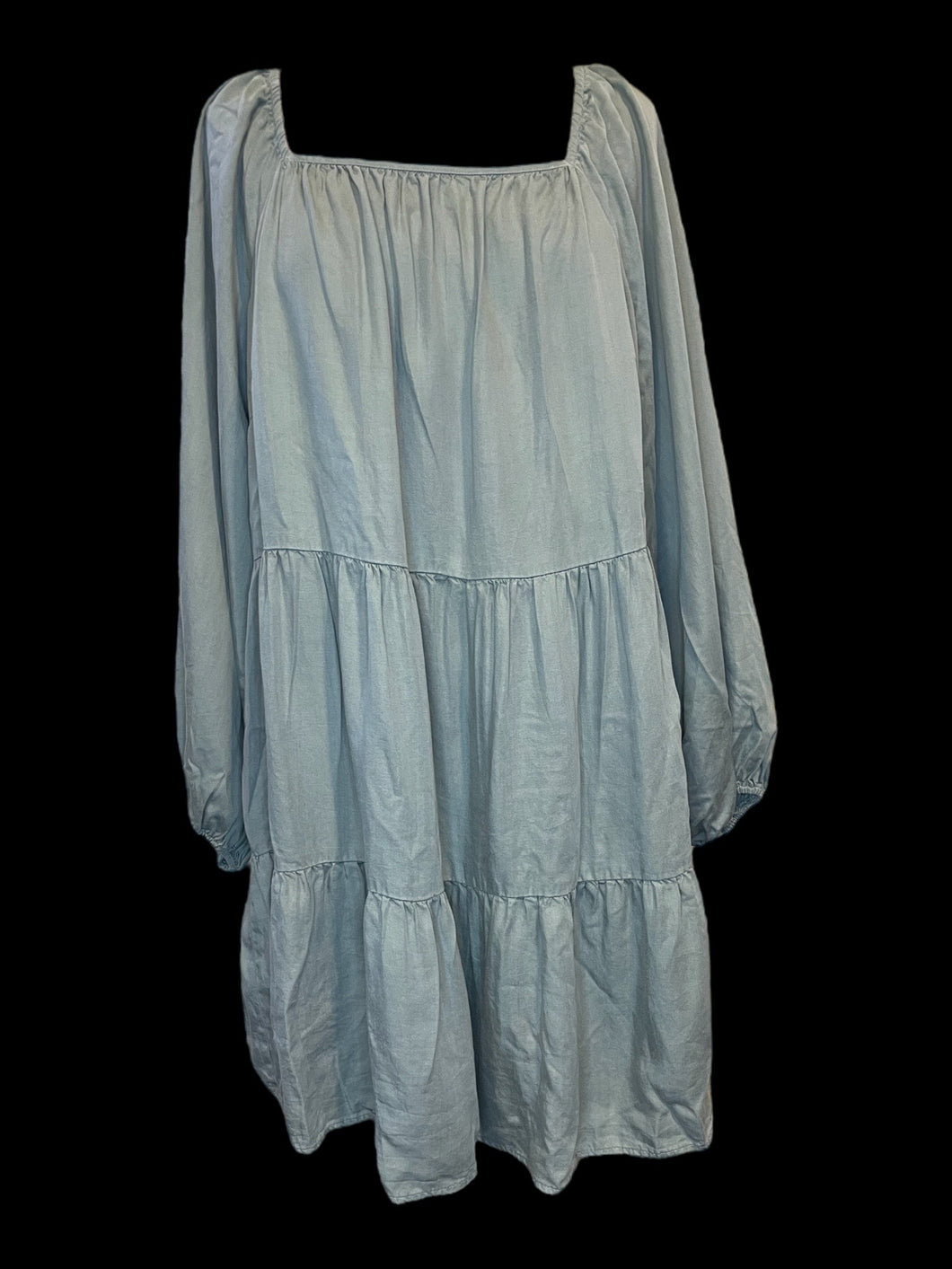 2X NWT Grey blue ballon sleeve square neckline knee length dress w/ tiered skirt, & elastic neckline & cuffs