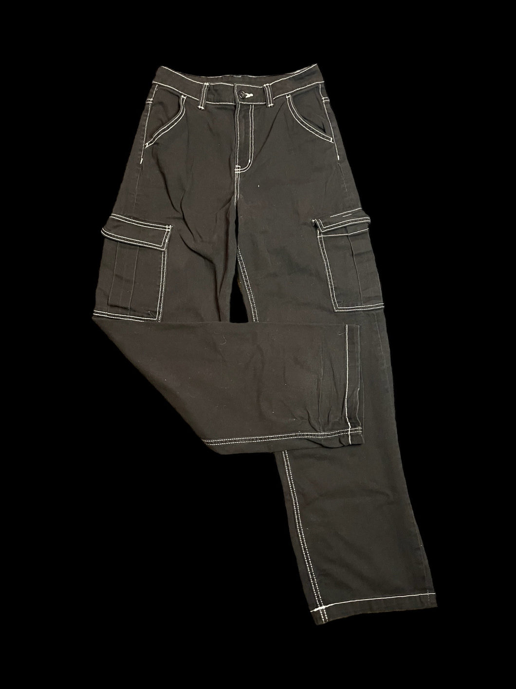 S Black denim high waist wide leg pants w/ white stitching, pockets, belt loops, & button/zipper closure
