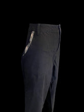 Load image into Gallery viewer, L Black high waist straight leg pants w/ beige, black, &amp; green plaid details, pockets, belt loops, &amp; button/zipper closure
