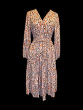 Load image into Gallery viewer, L Pink, orange, &amp; blue floral pattern balloon sleeve mock wrap neckline midi dress w/ shirred waist, &amp; pockets
