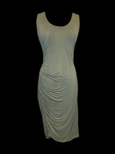 Load image into Gallery viewer, XL Sage green sleeveless scoop neckline dress w/ asymmetric hem, side hem slit, &amp; ruching details
