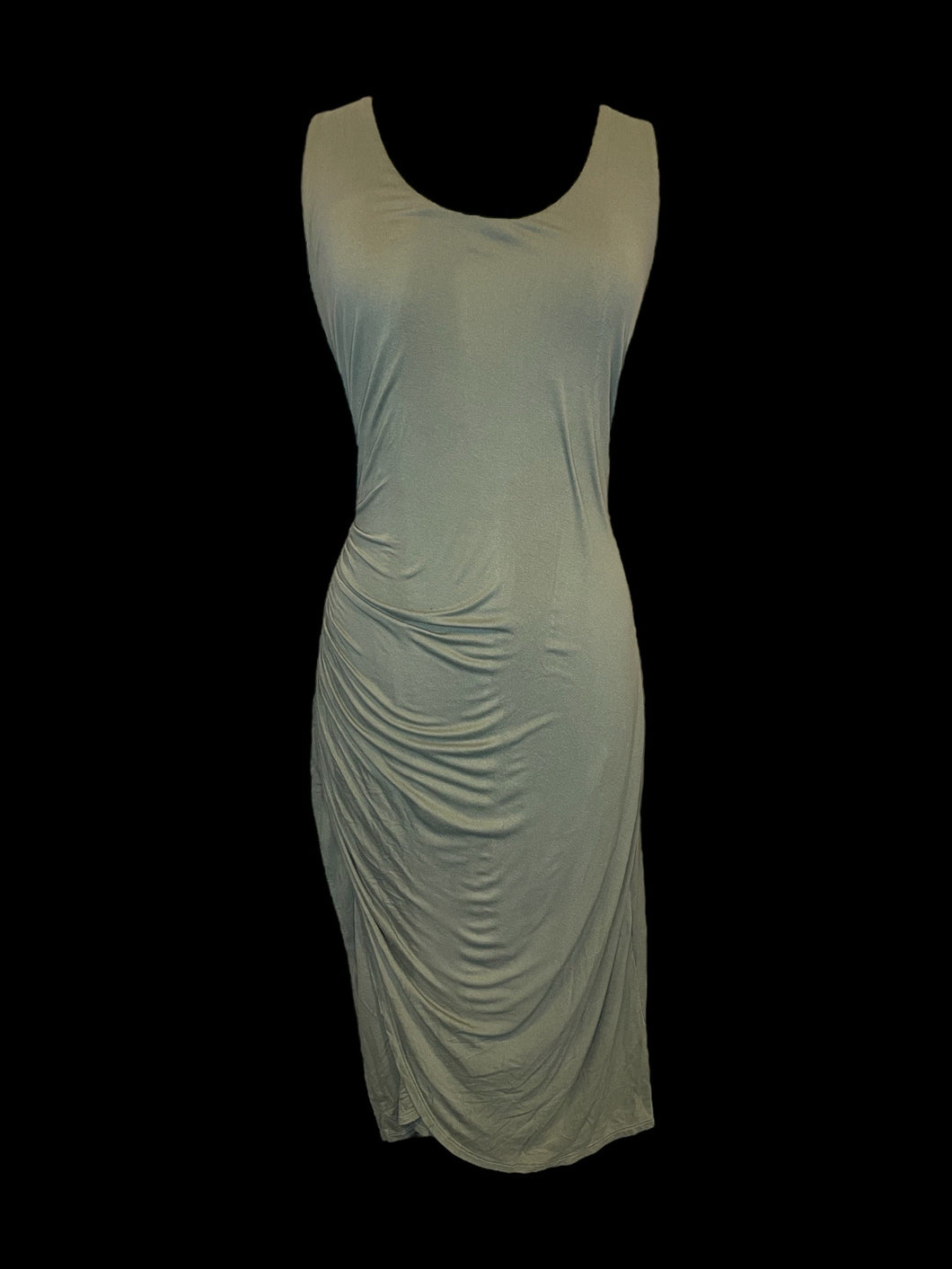 XL Sage green sleeveless scoop neckline dress w/ asymmetric hem, side hem slit, & ruching details