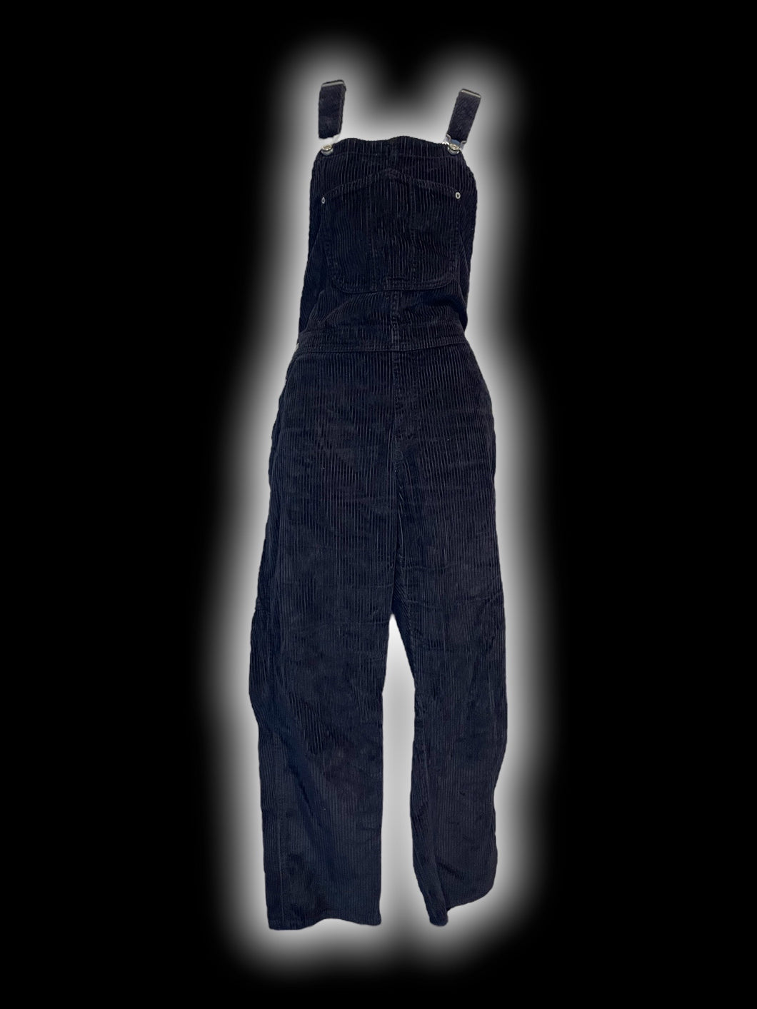 XL Black corduroy straight leg overalls w/ adjustable straps, side button closures, & pockets