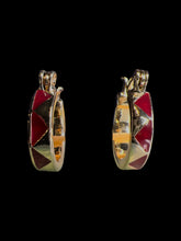 Load image into Gallery viewer, Vintage 60s gold-like saddleback hoop earrings w/ red triangle details
