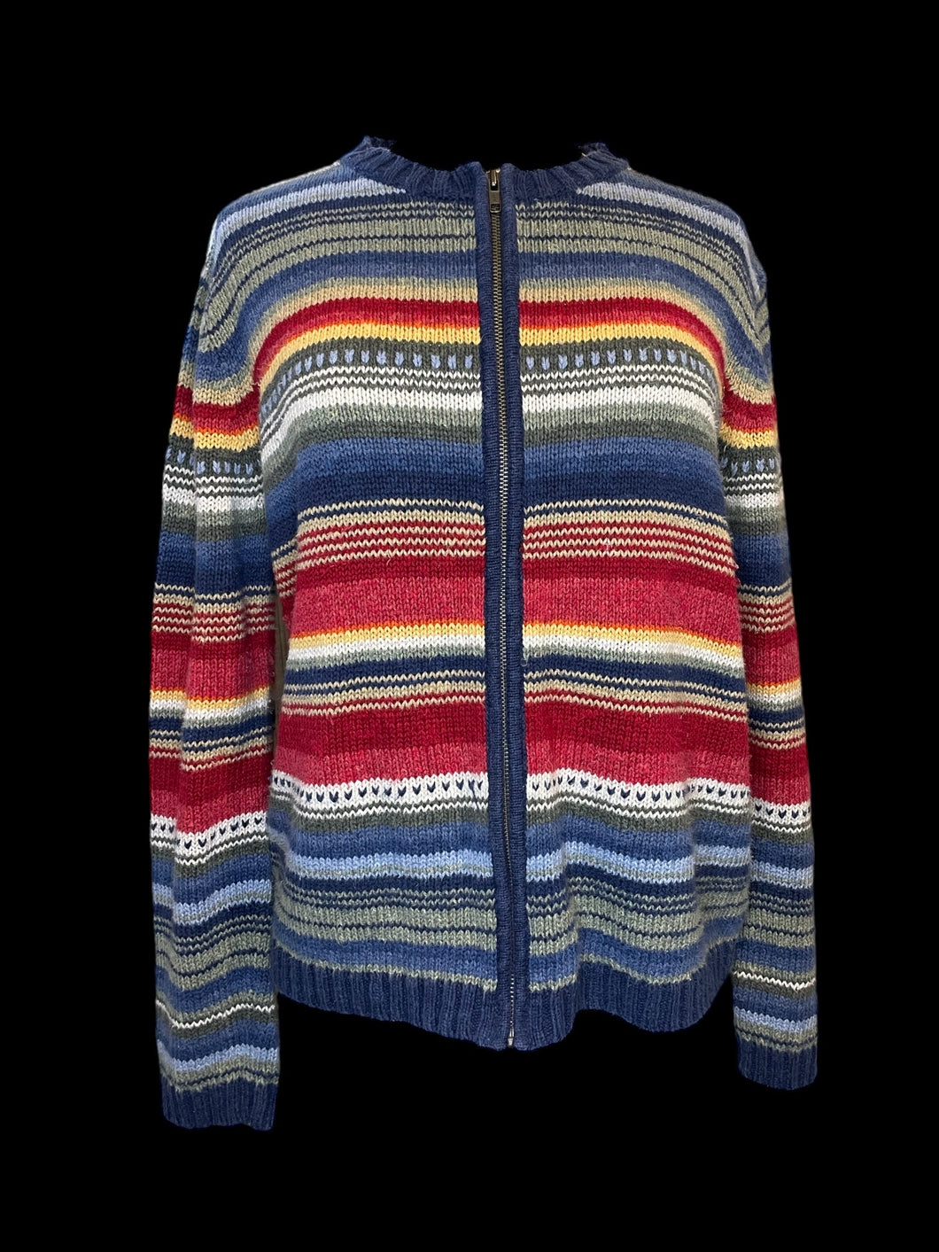 M Vintage 70s rainbow linen/cotton blend knit long sleeve zip-up sweater w/ ribbed hems