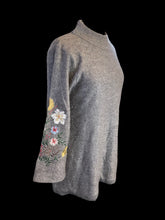 Load image into Gallery viewer, 0X Grey 3/4 wide sleeve high neckline sweater w/ multicolor floral embroidery
