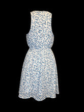 Load image into Gallery viewer, M White, blue, &amp; black botanical pattern sleeveless mock wrap neckline knee length dress w/ elastic waist
