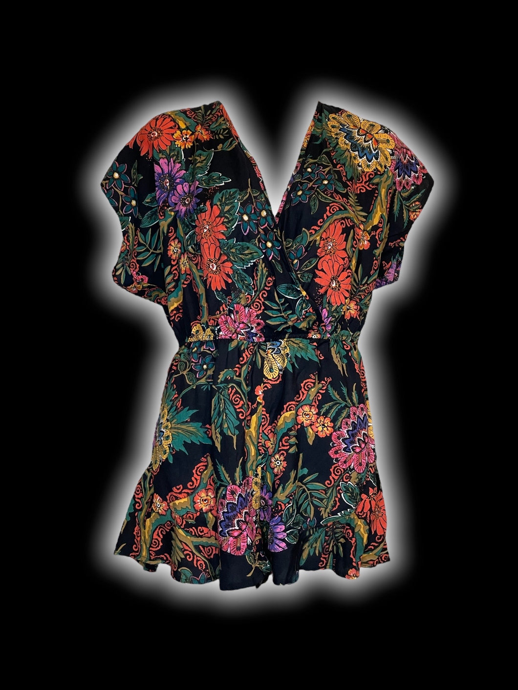 M Black & multicolor floral pattern short sleeve deep v-neckline romper w/ tie open back
