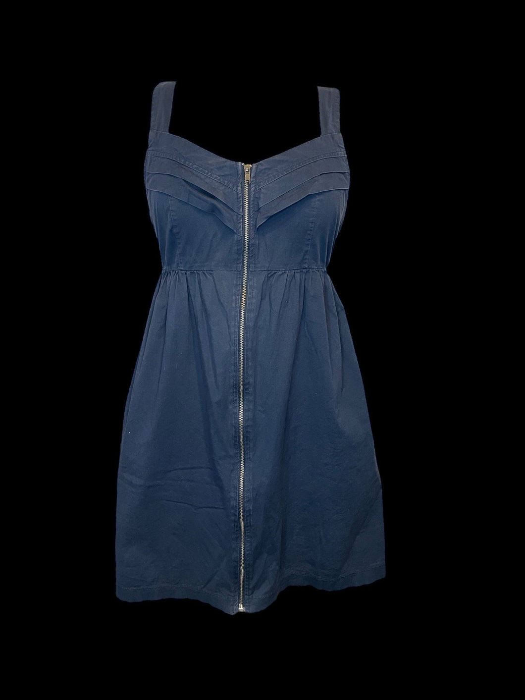 S Dark blue sleeveless zip-up cotton dress w/ pleating details, pockets, & elastic waist