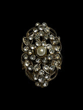 Load image into Gallery viewer, 4 Gold-like stretch ring w/ faux pearl &amp; clear stones in ornate setting
