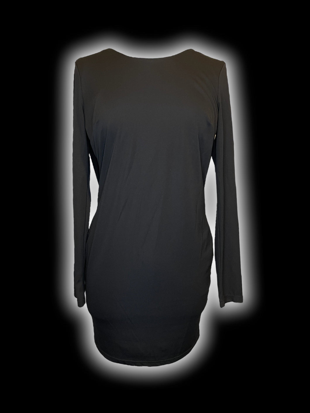 M Black long sleeve scoop neck low back mini dress w/ cape detail, & zipper closure