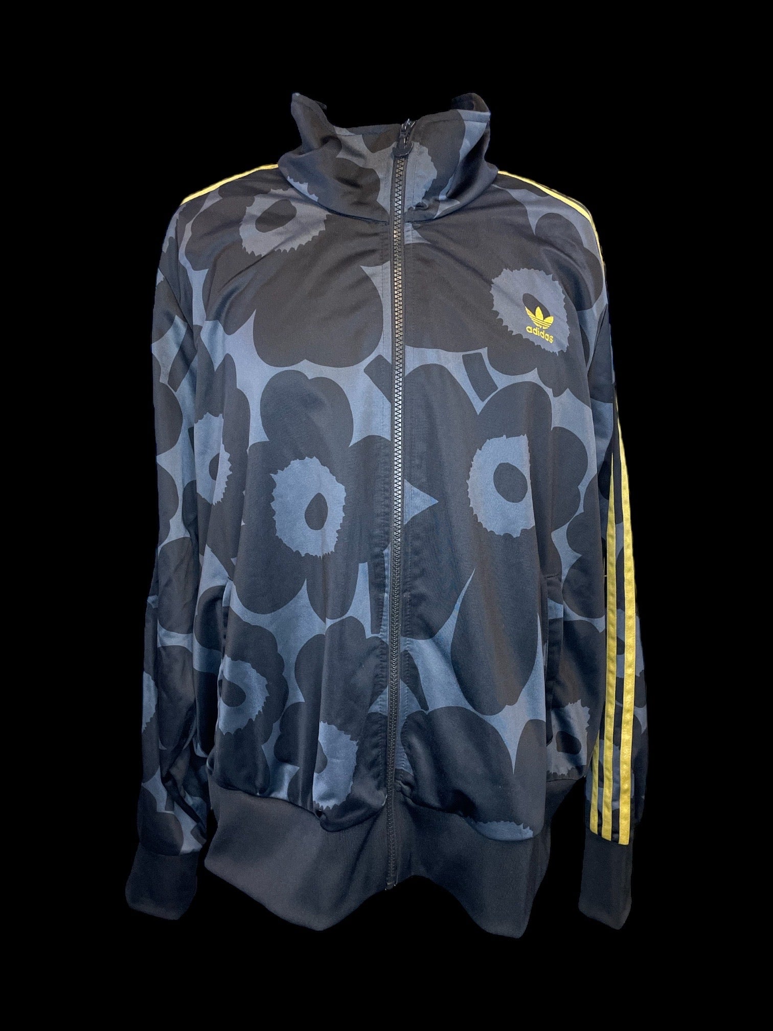 5X Black, grey floral print & yellow stripe accent Adidas high neck zip up  jacket w/ pockets