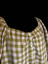 Load image into Gallery viewer, 0X Olive green &amp; pink gingham puff sleeve off the shoulder button down crop top w/ elastic details
