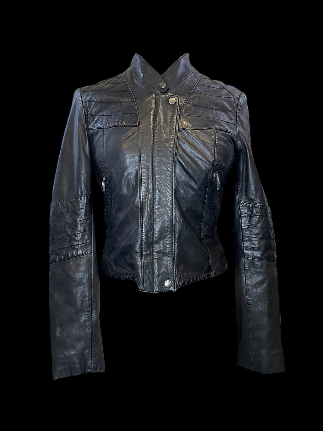 XS Vintage 70s black leather & cotton long sleeve crop jacket w/ pockets, & snap details