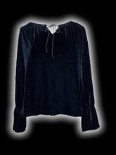 Load image into Gallery viewer, 0X Vintage 80s black velvet balloon sleeve scoop neckline top w/ tie keyhole detail

