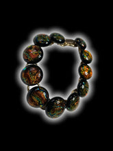 Load image into Gallery viewer, Gold-like bracelet w/ circular black, metallic copper, &amp; metallic green stones
