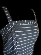 Load image into Gallery viewer, M Blue grey &amp; white stripe sleeveless v-neckline bustier w/ mock button down closure, &amp; shirred back
