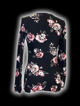 Load image into Gallery viewer, M Black, pink, &amp; green floral print long sleeve scoop neck top

