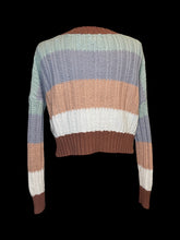Load image into Gallery viewer, S Brown, white, green, &amp; purple stripe knit long sleeve v-neckline crop sweater w/ ribbed hem
