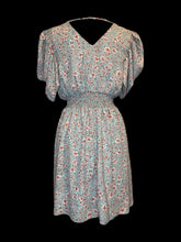 Load image into Gallery viewer, L Light blue, pink, &amp; white floral flutter sleeve lace up v-neckline dress w/ shirred waist, &amp; cross strap back
