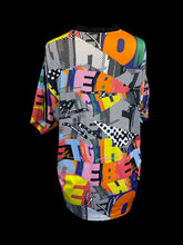 Load image into Gallery viewer, 0X Black, white, &amp; multicolor abstract pattern Adidas pride collection short sleeve v-neckline top w/ mesh cutout details

