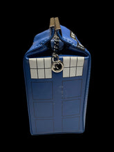 Load image into Gallery viewer, Blue, black, &amp; white TARDIS crossbody bag w/ silver-like chain strap, &amp; magnetic clasp
