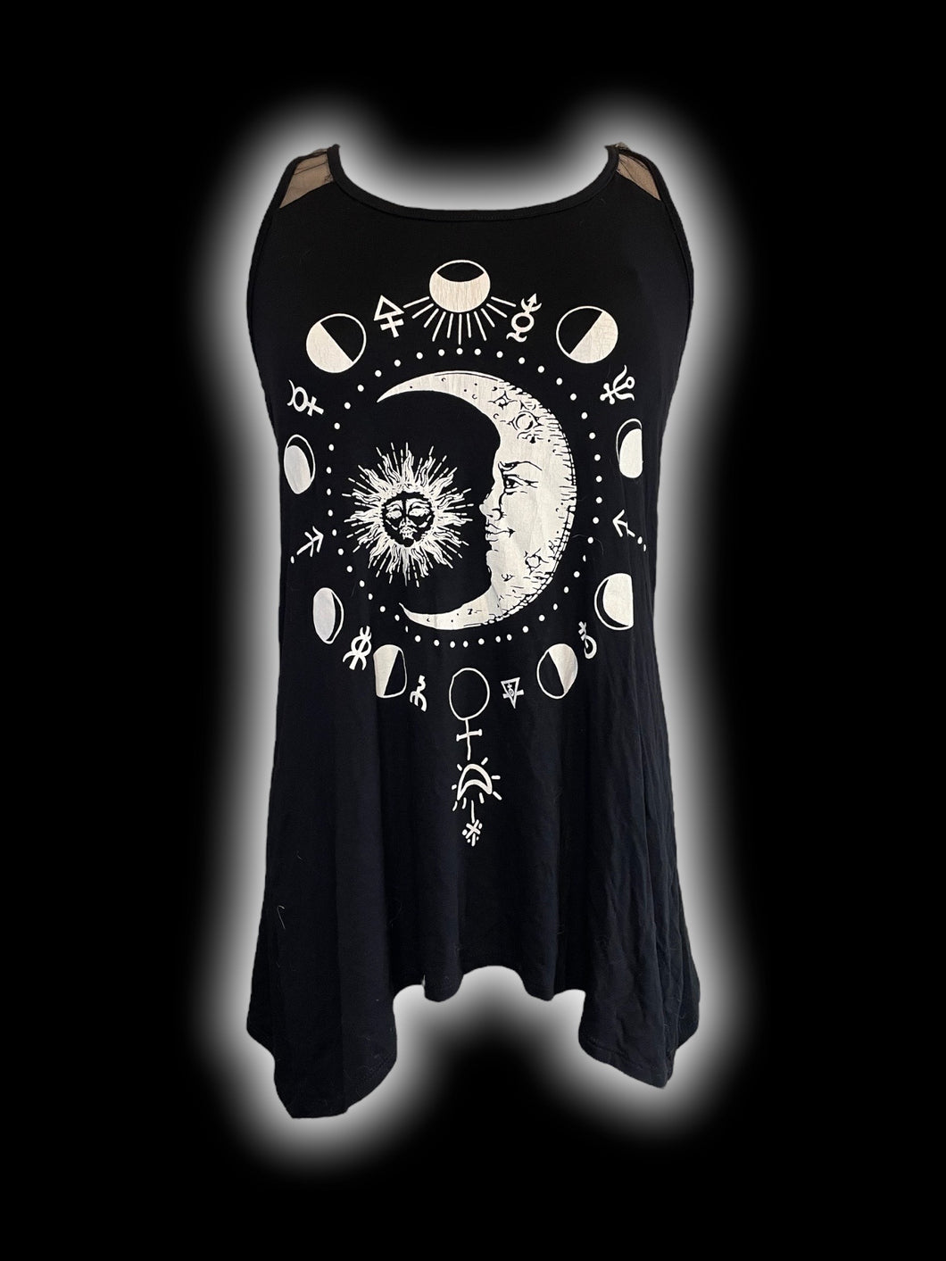 L NWT Black sleeveless mesh racerback top w/ celestial print, & asymmetrical hem