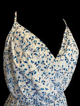 Load image into Gallery viewer, M White, blue, &amp; black botanical pattern sleeveless mock wrap neckline knee length dress w/ elastic waist
