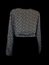 Load image into Gallery viewer, M NWT Blue grey, white, green, &amp; red ditzy floral balloon sleeve mock wrap top w/ two button/tie closure

