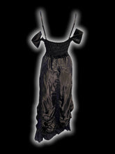 Load image into Gallery viewer, M NWT Vintage Black &amp; purple satin, velvet, &amp; lace sleeveless maxi dress w/ adjustable straps, structured bodice, shirred back, &amp; gathering in skirt
