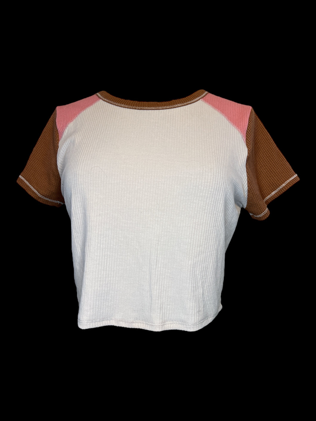 L Blush, brown, & pink waffle knit paneling short sleeve scoop neck crop top
