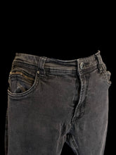 Load image into Gallery viewer, L Black denim mid rise taper leg pants w/ pockets, belt loops, &amp; button/zipper closure
