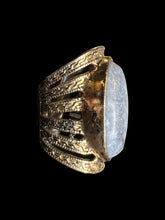 Load image into Gallery viewer, 5 Brass-like ring w/ blue grey oval stone, &amp; ornate setting
