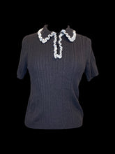 Load image into Gallery viewer, XL Slate grey &amp; white wool blend knit short sleeve polo-style sweater w/ ruffle details
