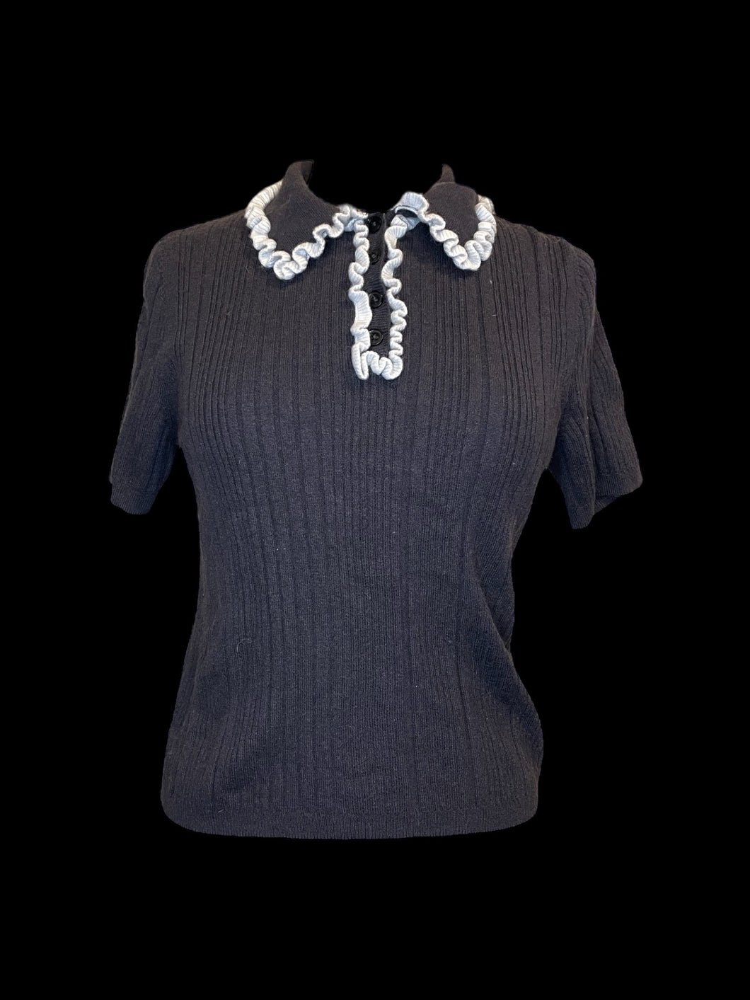 XL Slate grey & white wool blend knit short sleeve polo-style sweater w/ ruffle details