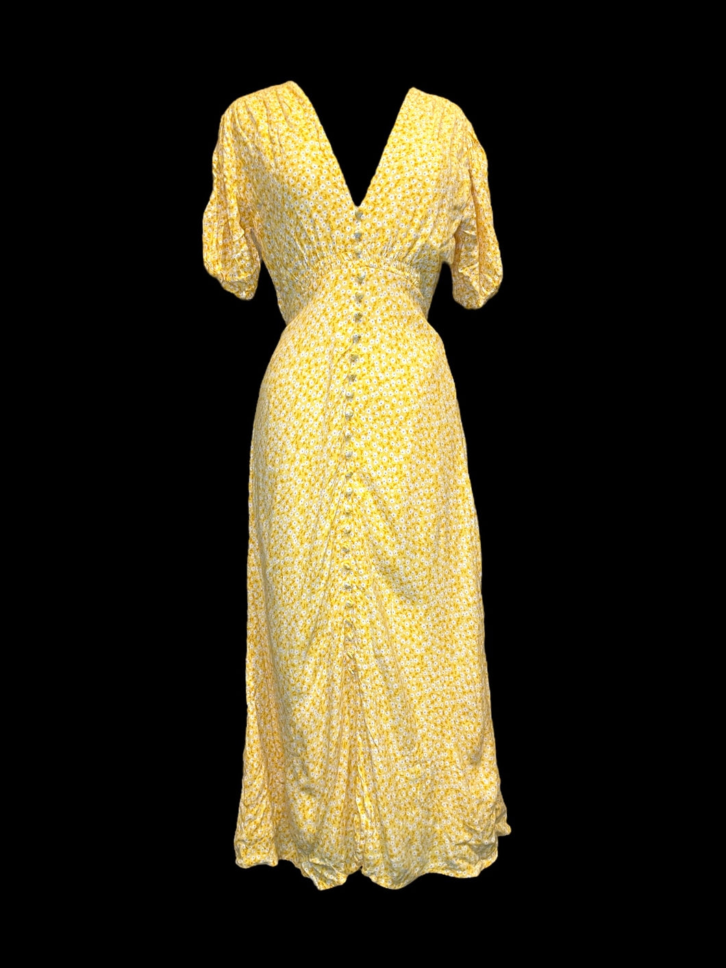 L Yellow, white, & blue ditzy floral pattern puff sleeve v-neckline maxi dress w/ faux button front, attached waist tie, & clasp/zipper closure