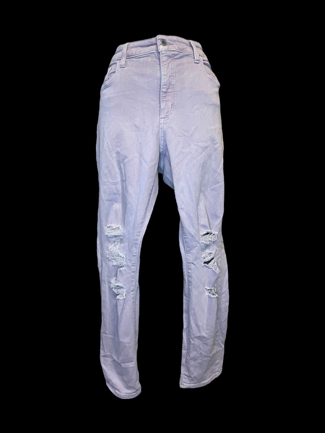 XL Lilac distressed denim high waist taper leg pants w/ pockets, belt loops, & button/zipper closure