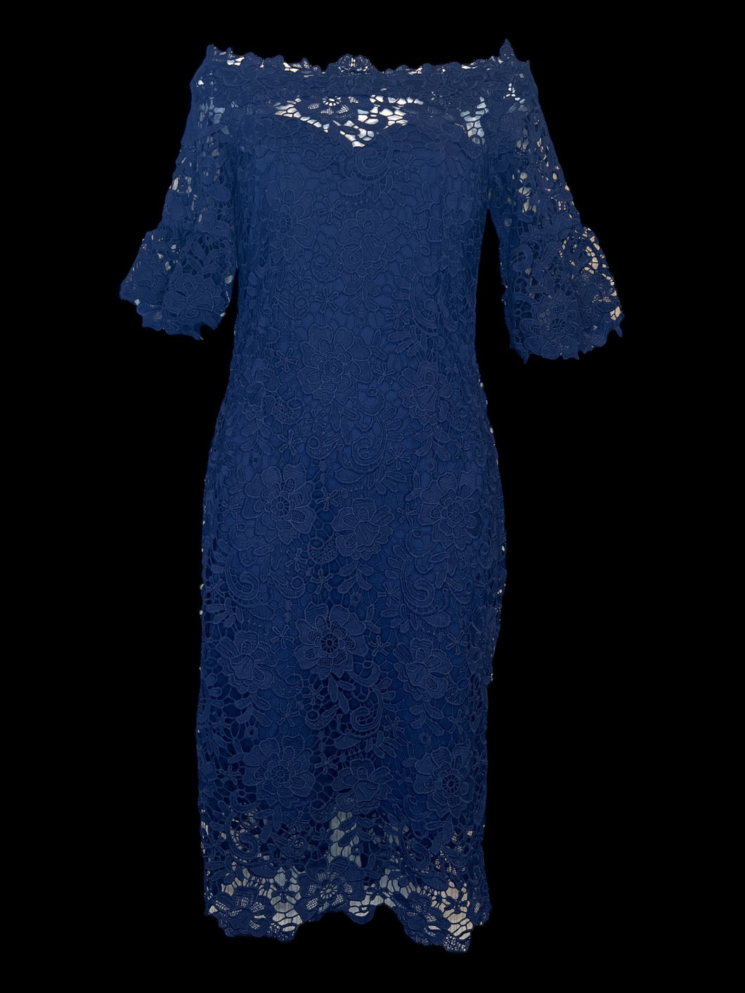 S NWT Blue short sleeve lace bodycon off the shoulder dress w/ elastic neckline, blue petticoat, & zipper closure