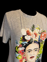 Load image into Gallery viewer, L Heathered grey short sleeve top w/ floral Frida Kahlo graphic
