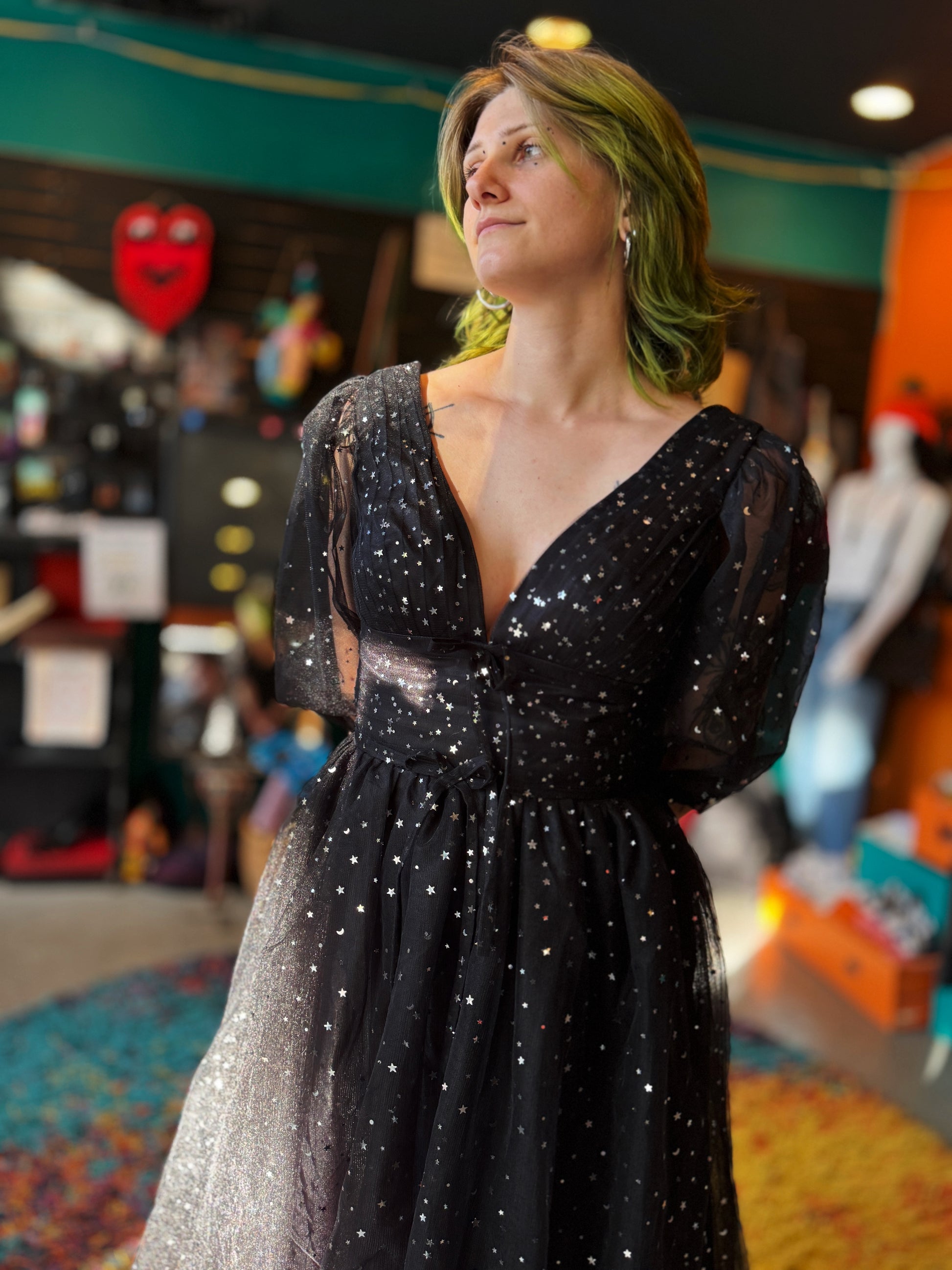 S beautiful black maxi dress with tule, celestial glitter,  lace up back, and balloon sleeves