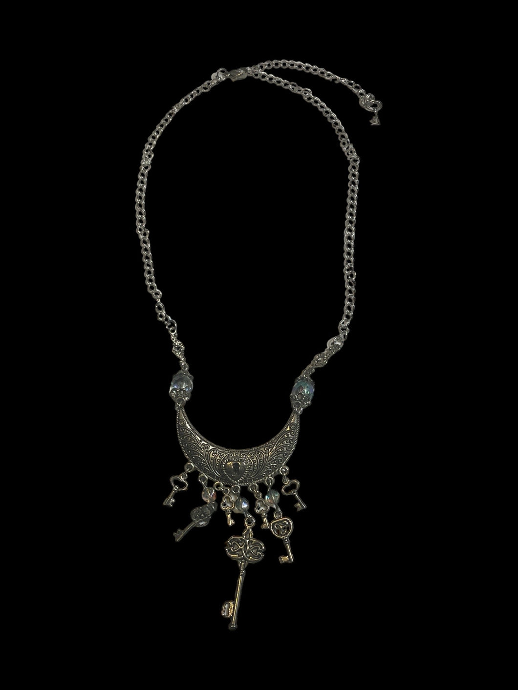 Silver-like crescent, lock & key, & aura beading necklace w/ fully adjustable lobster clasp chain