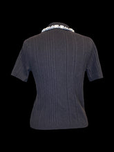 Load image into Gallery viewer, XL Slate grey &amp; white wool blend knit short sleeve polo-style sweater w/ ruffle details
