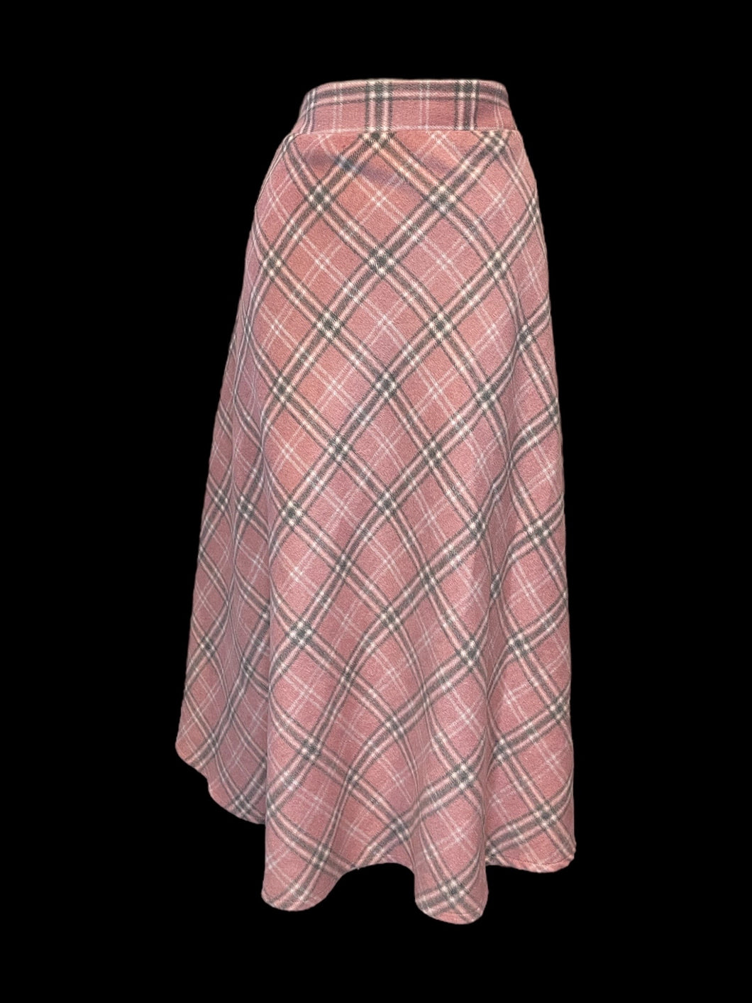 XL Pink, grey, & white plaid wool blend maxi skirt w/ elastic waist, pockets, & zipper closure