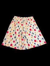 Load image into Gallery viewer, 1X White, pink, blue, &amp; orange abstract pattern high waist wide leg pleated shorts w/ elastic waist
